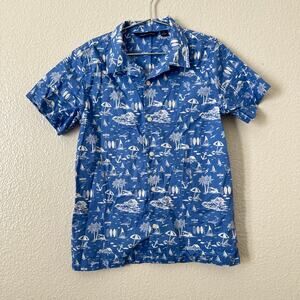 Janie & Jack Button Up Collared Hawaiian Shirt blue white print short sleeve